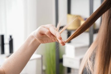 Kuaför Salonu içinde genç kadın uzun saçlı çalışma