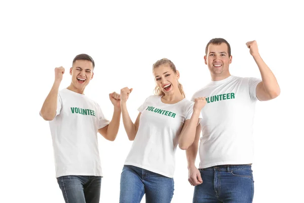 Equipo de voluntarios felices sobre fondo blanco — Foto de Stock
