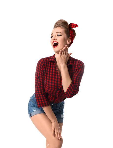 Beautiful pin-up woman on white background — Stock Photo, Image