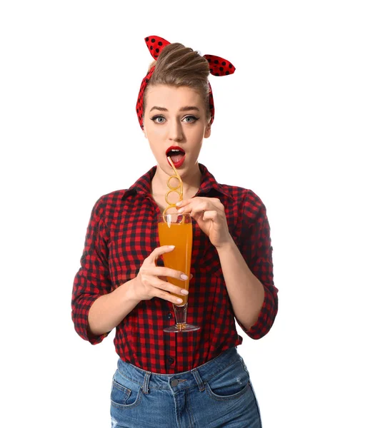 Surprised pin-up woman with cocktail on white background — Stock Photo, Image