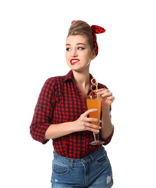 Beautiful pin-up woman with cocktail on white background — Stock Photo, Image