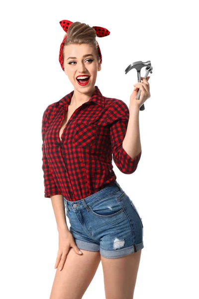 Schöne Pin-up-Frau mit Werkzeugen auf weißem Hintergrund — Stockfoto