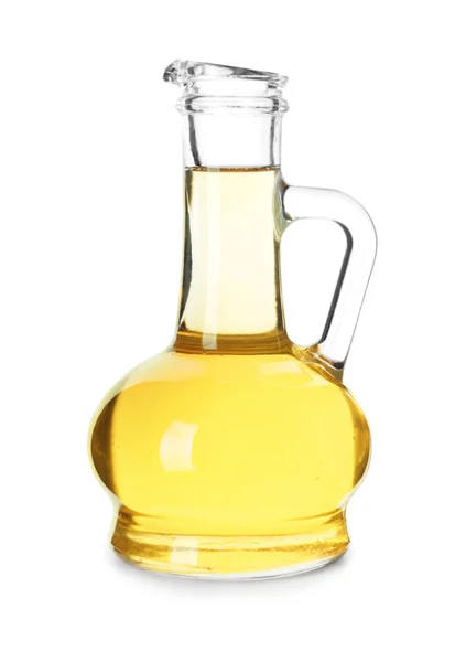 Jug with oil on white background — Stock Photo, Image