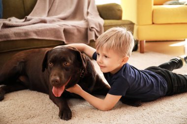 Sevimli küçük çocuk komik köpek vasıl ev ile