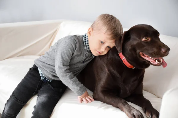 Menino bonito com cachorro engraçado em casa — Fotografia de Stock