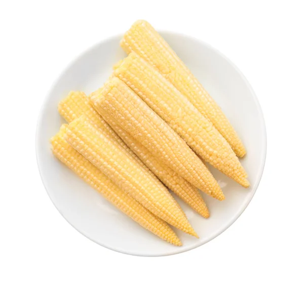 Plate with baby corn cobs on white background — Stock Photo, Image