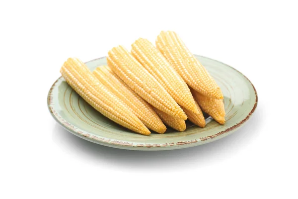 Plate with baby corn cobs on white background — Stock Photo, Image