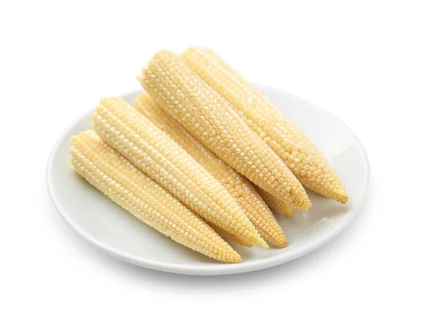 Plate with baby corn cobs on white background — Stock Photo, Image