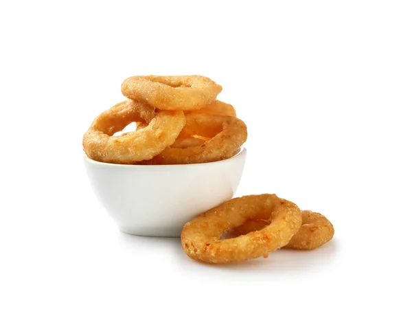 Bowl with tasty onion rings on white background — Stock Photo, Image