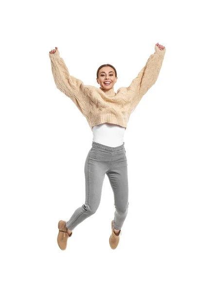 Happy jumping woman on white background — Stock Photo, Image