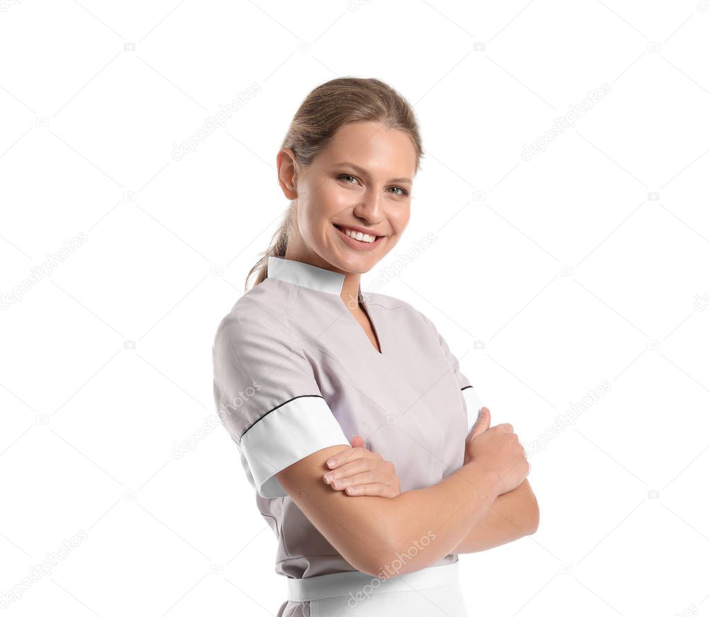 Portrait of beautiful female housekeeper on white background