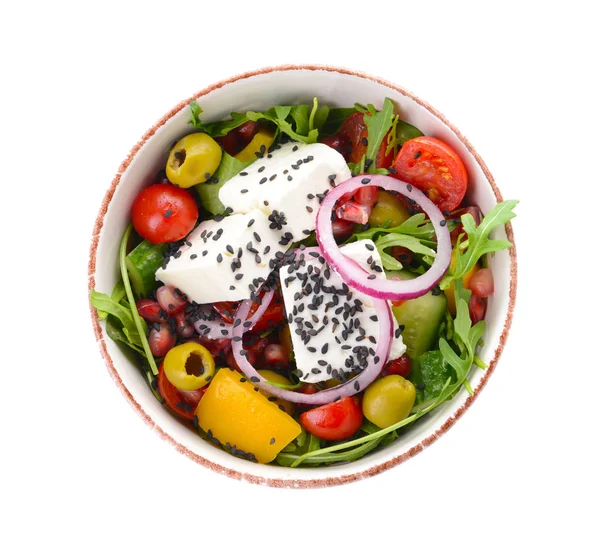 Schüssel mit gesundem Salat auf weißem Hintergrund — Stockfoto