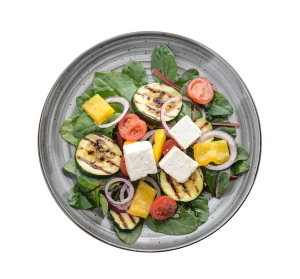 Tallrik med hälsosam sallad på vit bakgrund — Stockfoto