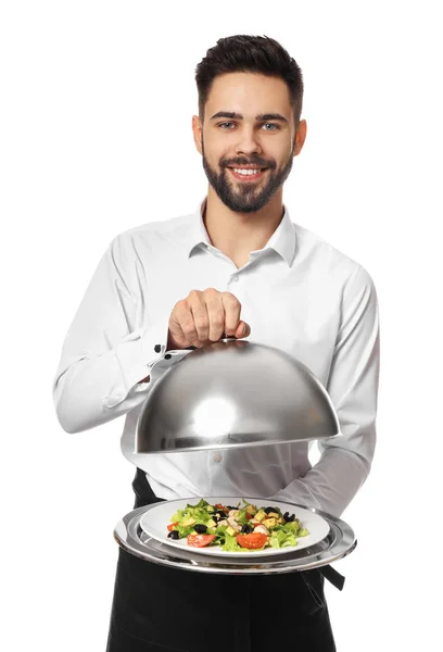 Kellner mit frischem Salat auf weißem Hintergrund — Stockfoto