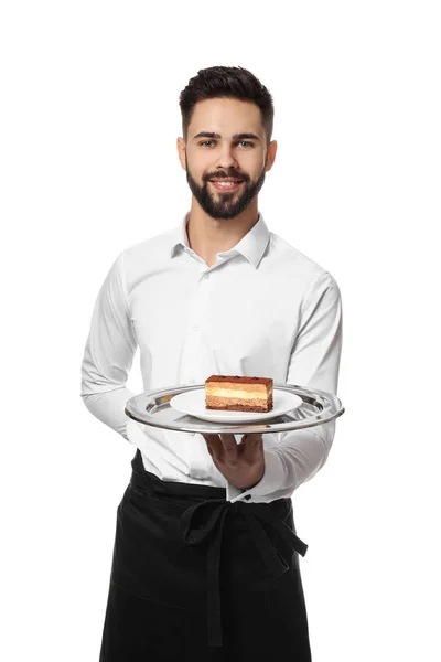 Waiter with tasty dessert on white background — Stock Photo, Image