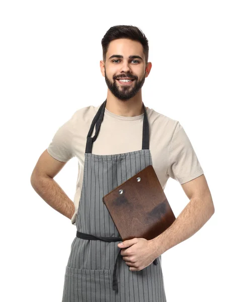 Gutaussehender Kellner mit Speisekarte auf weißem Hintergrund — Stockfoto