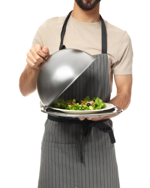 Handsome waiter with fresh salad on white background — Stock Photo, Image