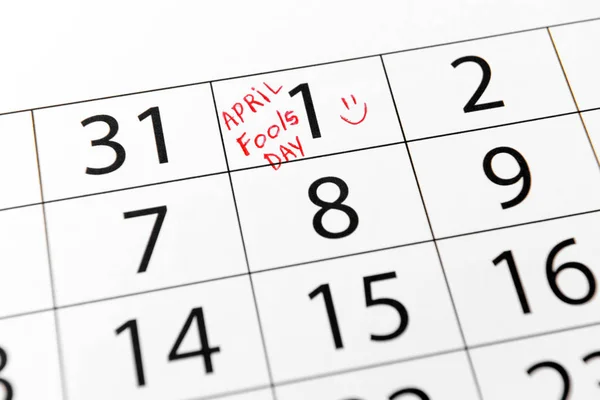 Calendar page of April with marked date of Fool's Day, closeup — Stock Photo, Image
