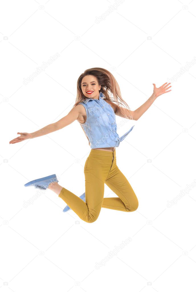 Happy jumping woman on white background