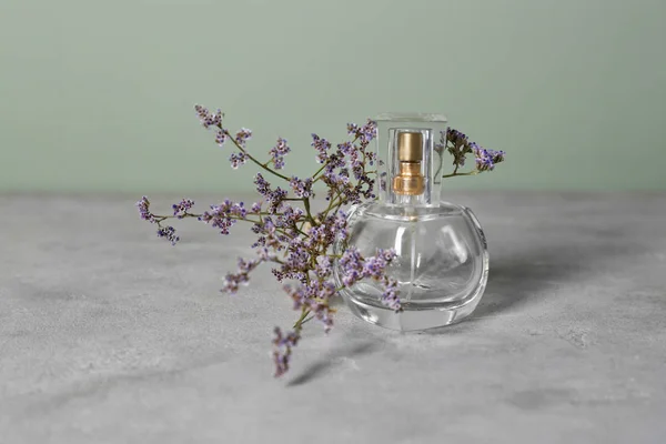 Transparent bottle of perfume with beautiful flowers on grey table — Stock Photo, Image