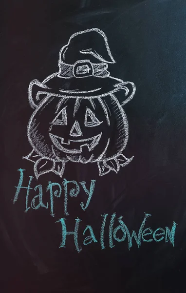 Tekening van pompoen met tekst "Happy Halloween" op donkere achtergrond — Stockfoto