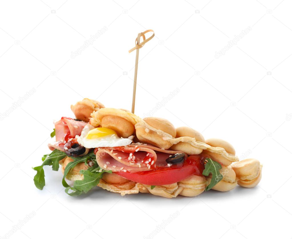 Delicious bubble waffle with meat and egg on white background
