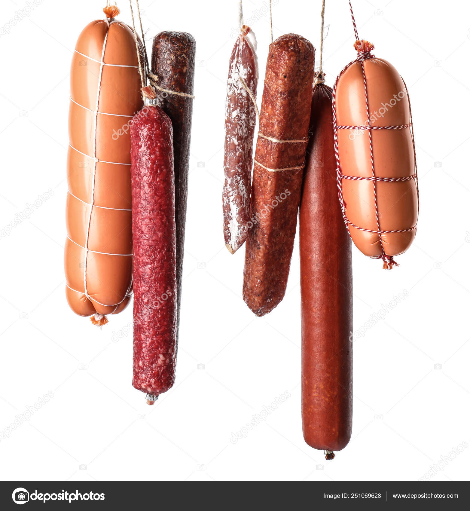 Different kinds of sausages on white background Stock Photo by