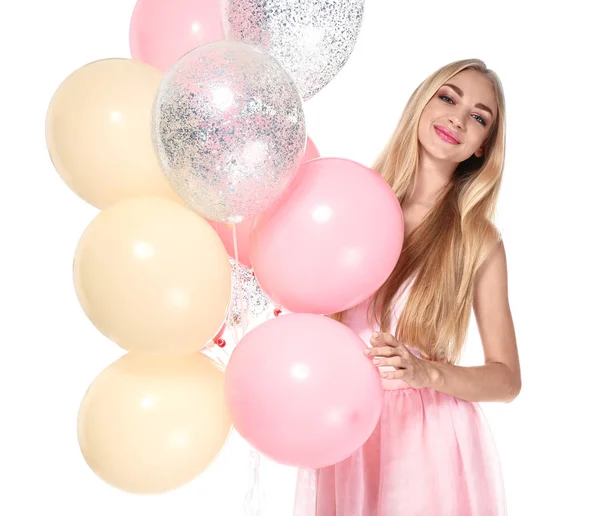 Красивая молодая женщина с воздушными шарами на белом фоне — стоковое фото