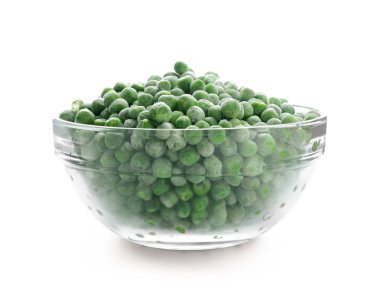 Beyaz zemin üzerinde donmuş yeşil bezelyeler olan kase