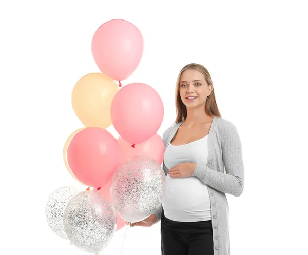Mulher grávida bonita com balões de ar no fundo branco — Fotografia de Stock