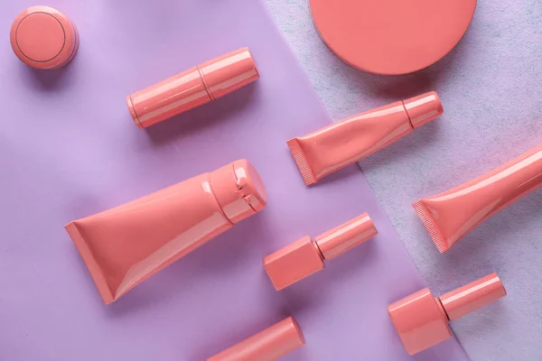 Set of pink decorative cosmetics on color background — Stock Photo, Image