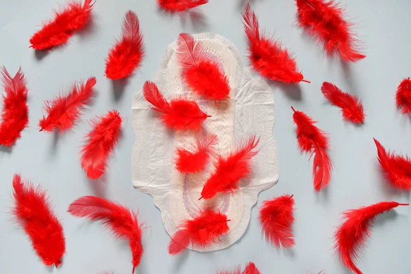 Pad Menstruasi dengan bulu merah pada latar belakang warna — Stok Foto