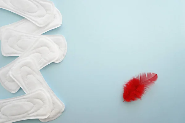 Almohadillas menstruales con plumas rojas sobre fondo de color —  Fotos de Stock