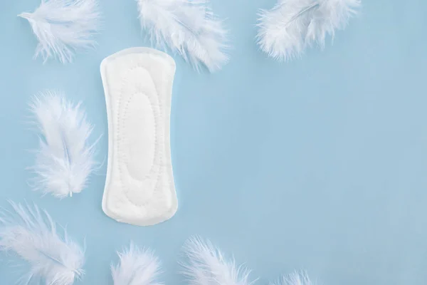 Almohadilla menstrual con plumas sobre fondo de color — Foto de Stock