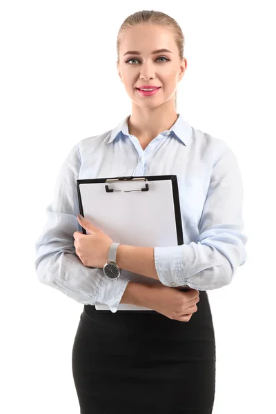 Beautiful female secretary with clipboard on white background — Stock Photo, Image