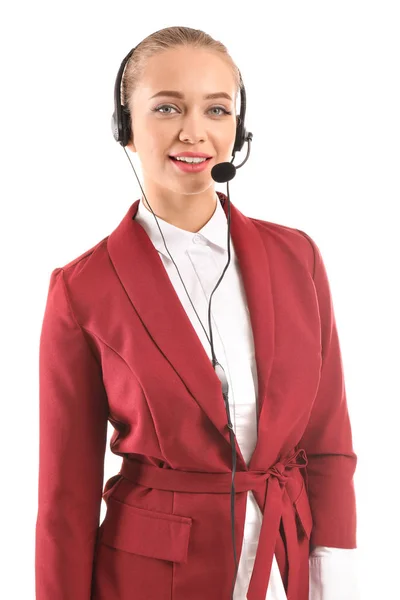 Krásná sekretářka mluvit prostřednictvím sluchátek s mikrofonem na bílém pozadí — Stock fotografie