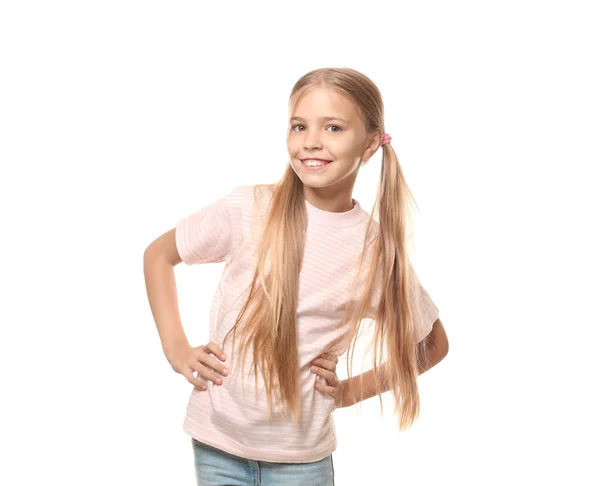 Sorrindo menina em t-shirt no fundo branco — Fotografia de Stock