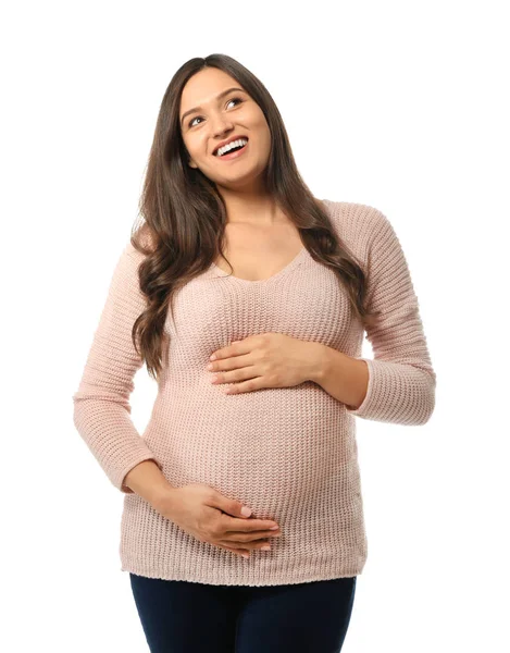 Mulher grávida bonita no fundo branco — Fotografia de Stock