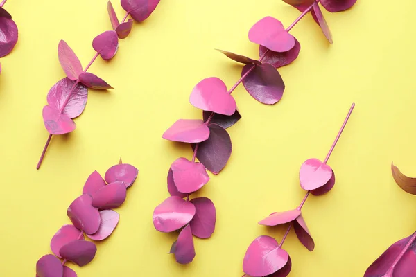 색상 배경에 분홍색 열 대 잎 — 스톡 사진