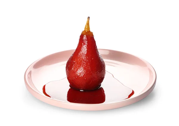 Plate with delicious poached pear in red wine on white background — Stock Photo, Image