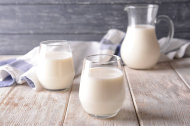 Ahşap masa üzerinde süt bardak