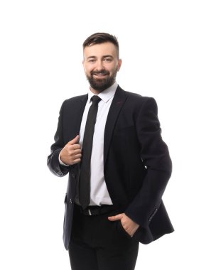 beyaz zemin üzerinde emin iş adamı