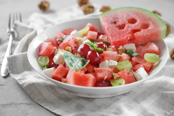 Plate with delicious watermelon salad on table — Stock Photo, Image