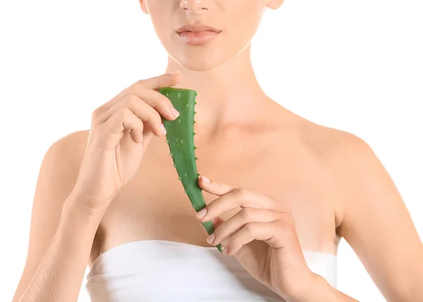 Beautiful young woman with aloe vera on white background — Stock Photo, Image