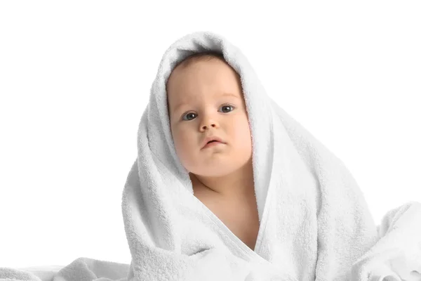 Cute little baby with soft towel on white background — Stock Photo, Image