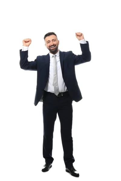 Feliz empresario exitoso sobre fondo blanco — Foto de Stock