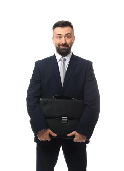 Jóképű üzletember táska fehér háttér — Stock Fotó