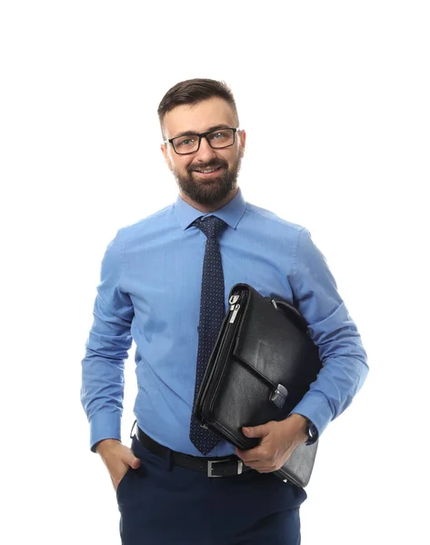 Впевнений бізнесмен з сумкою на білому тлі — стокове фото