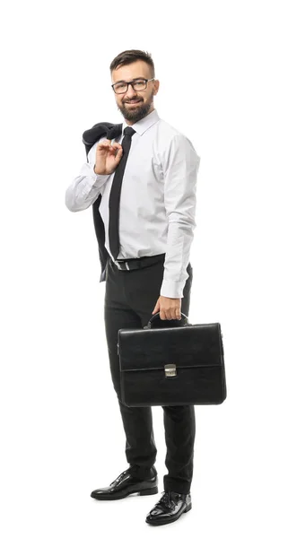 Confident businessman with bag on white background — Stock Photo, Image