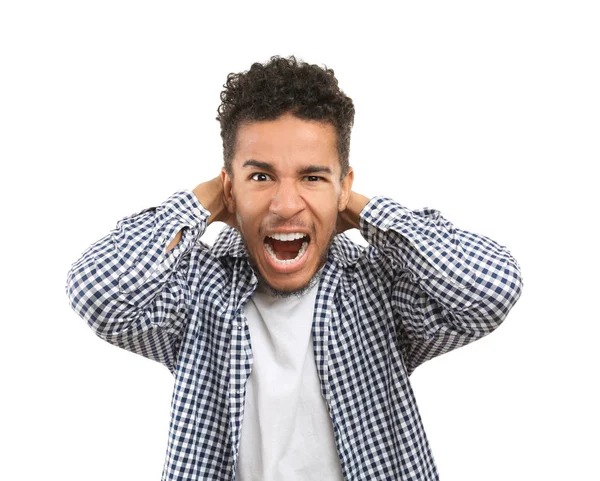 Portrait of aggressive African-American man on white background — Stock Photo, Image